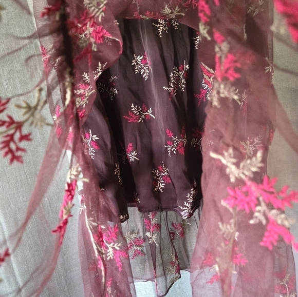 Sundance Aster Bloom Skirt Knee Length Size XL Maroon Tulle Embroidered Ruffle - Picture 3 of 7